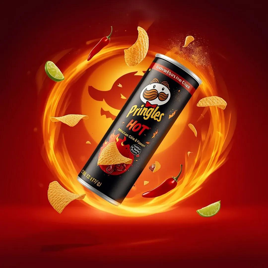 超写实电影感休闲零食广告摄影：一个倾斜悬浮在空中的“Pringles HOT – Mexican Chili & Lime Flavour”（品客劲爽——墨西哥辣椒青柠味）薯片罐…