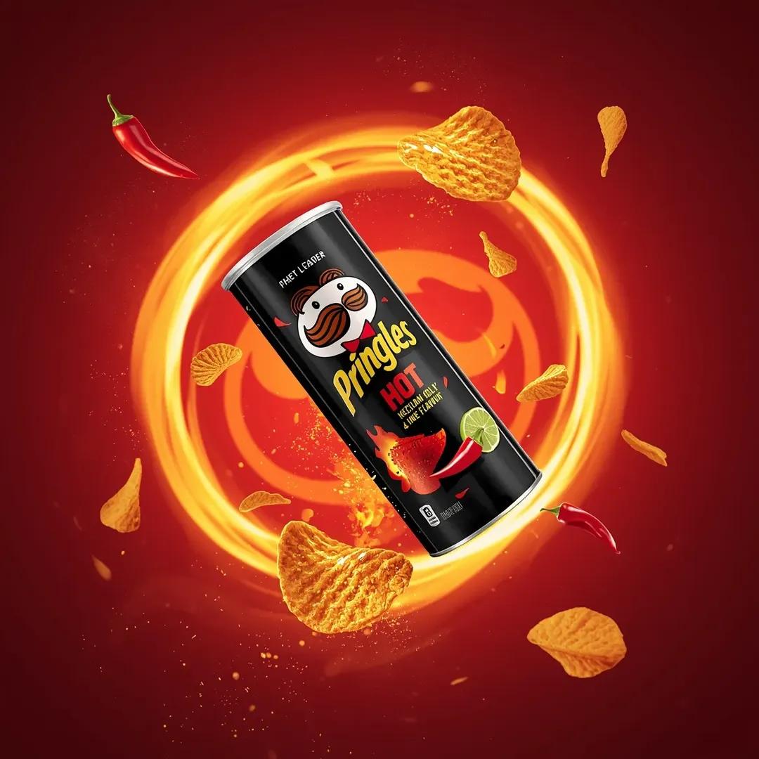 超写实电影感休闲零食广告摄影：一个倾斜悬浮在空中的“Pringles HOT – Mexican Chili & Lime Flavour”（品客劲爽——墨西哥辣椒青柠味）薯片罐…