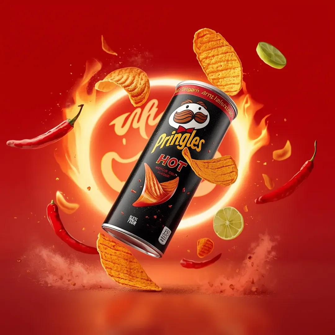 超写实电影感休闲零食广告摄影：一个倾斜悬浮在空中的“Pringles HOT – Mexican Chili & Lime Flavour”（品客劲爽——墨西哥辣椒青柠味）薯片罐…