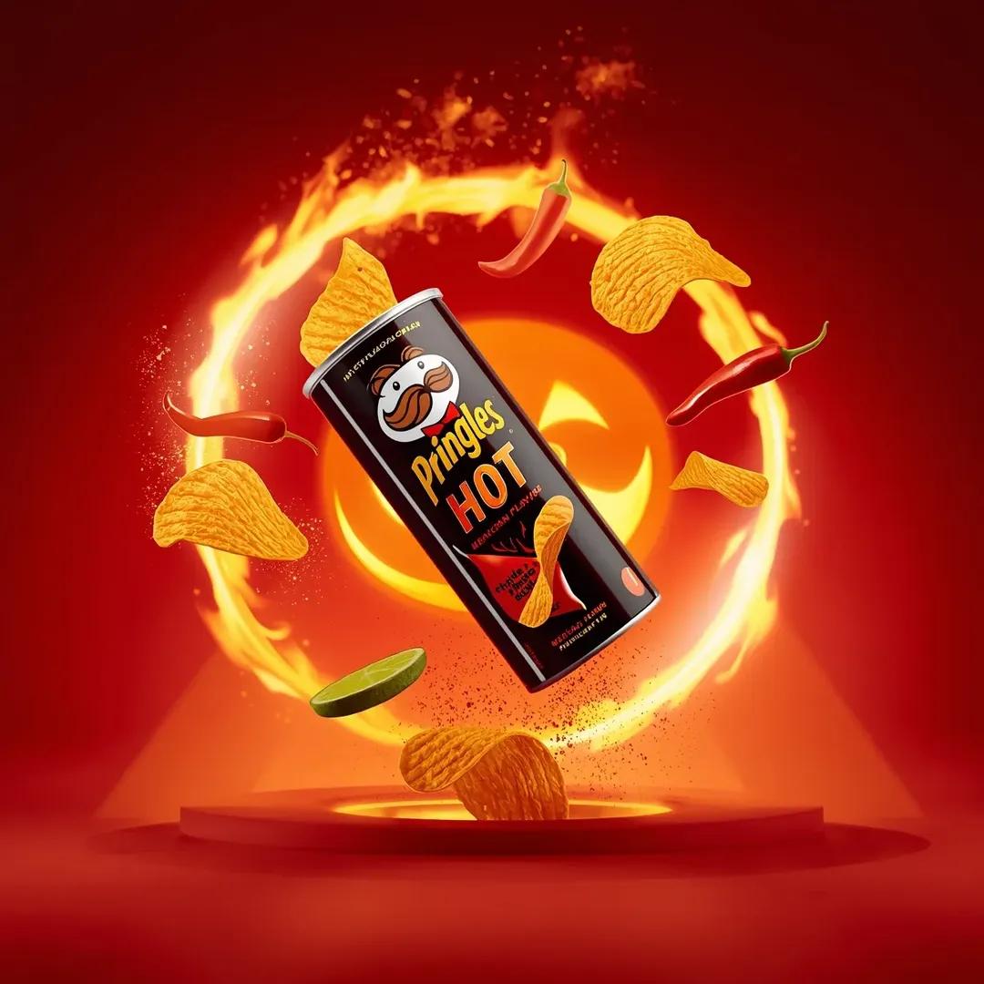超写实电影感休闲零食广告摄影：一个倾斜悬浮在空中的“Pringles HOT – Mexican Chili & Lime Flavour”（品客劲爽——墨西哥辣椒青柠味）薯片罐…