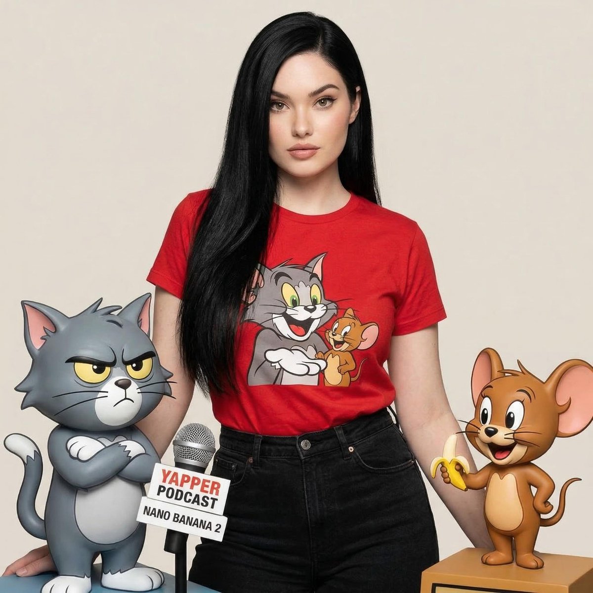 { "image_generation": { "subject": { "description": "时尚的年轻女性站在两个类似于经典猫和老鼠组合的卡通角…
