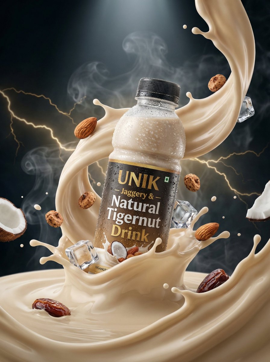 Nano Banana Pro 于 @SocialSight 提示词 1：超写实的生活方式饮品广告，画面中是一瓶冰镇过的“UNIK – Jaggery & Natural Tig…