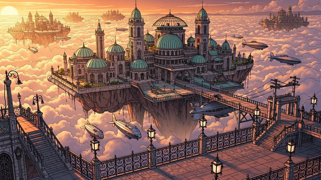 一座由 Seedream 4.5 生成的巨大浮空天空之城 Prompt Create a highly detailed cinematic environm…