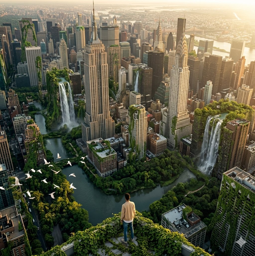 一个史诗级的宽幅航拍无人机镜头，飞越一座空无一人的纽约市，摩天大楼完全被郁郁葱葱的丛林藤蔓和瀑布覆盖。一群白色飞鸟从镜头前飞过。黄金时刻光线，8K，高细节照片。https://t…