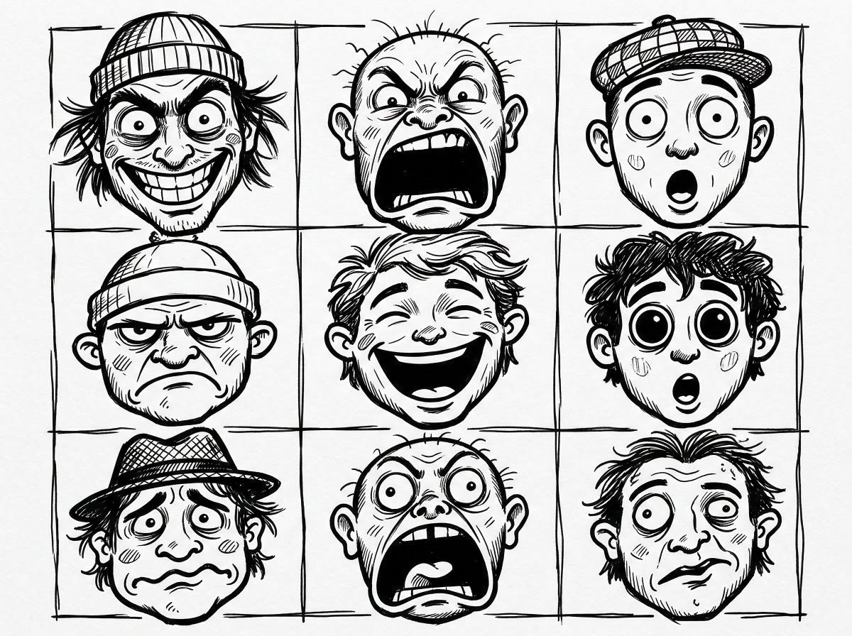 一幅黑白插画展现了一个由九个卡通面孔组成的网格,每个面孔都有独特而夸张的表情。这些面孔以简单、随性的素描风格绘制,配以粗黑的轮廓线,嘴巴和眼睛则为实心黑色填充。其中一些面孔戴着带…