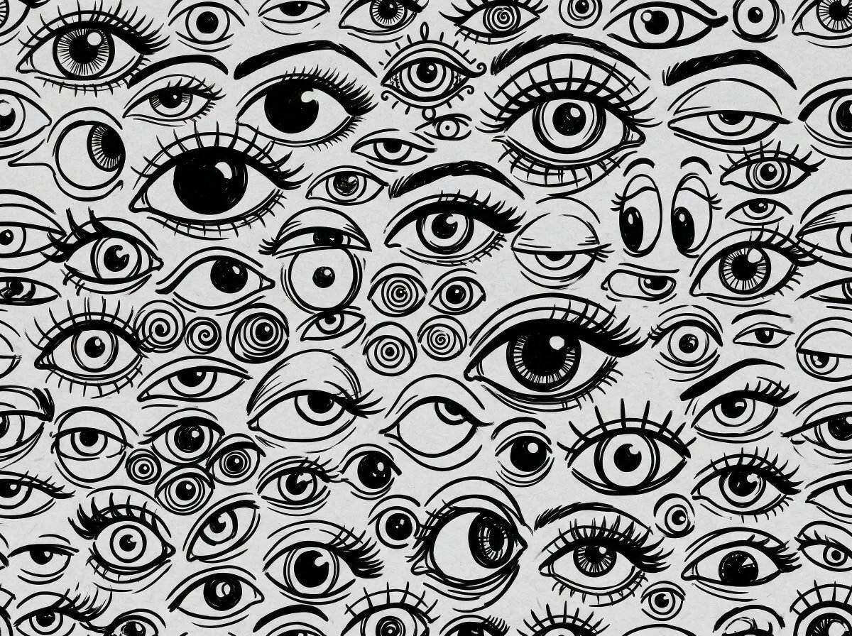 在一块浅灰色背景上，展示着一幅由各种眼睛组成的黑白手绘图案。画面中的眼睛尺寸和风格各异——有的睁得很大，有的半闭着，还有一些带有睫毛。线条粗犷且具有图形感，营…