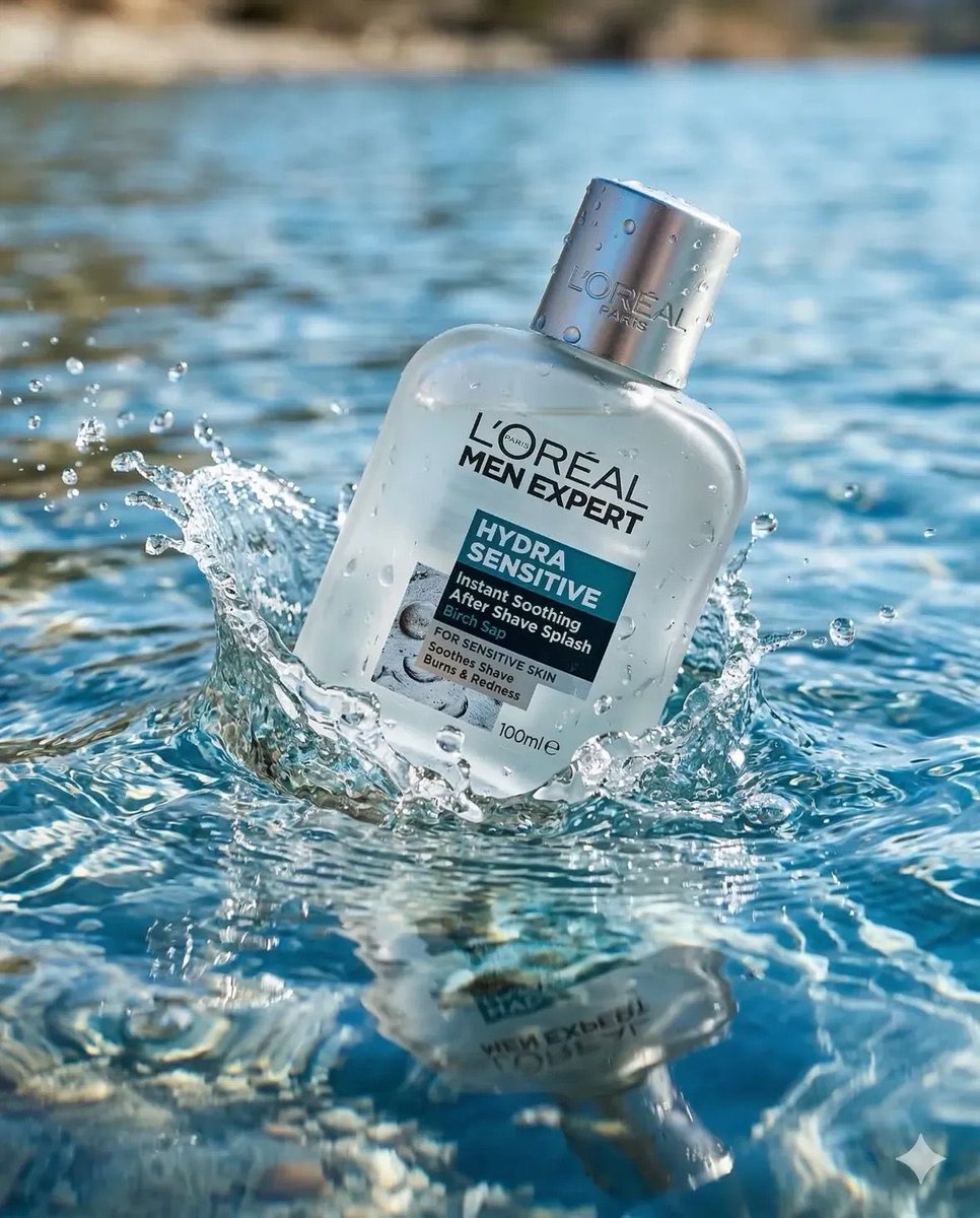 超写实的商业产品摄影：欧莱雅男士专家 Hydra Sensitive 瞬效舒缓须后水（after shave splash）瓶身部分浸没在清澈的蓝色水中，磨砂玻璃瓶……https…