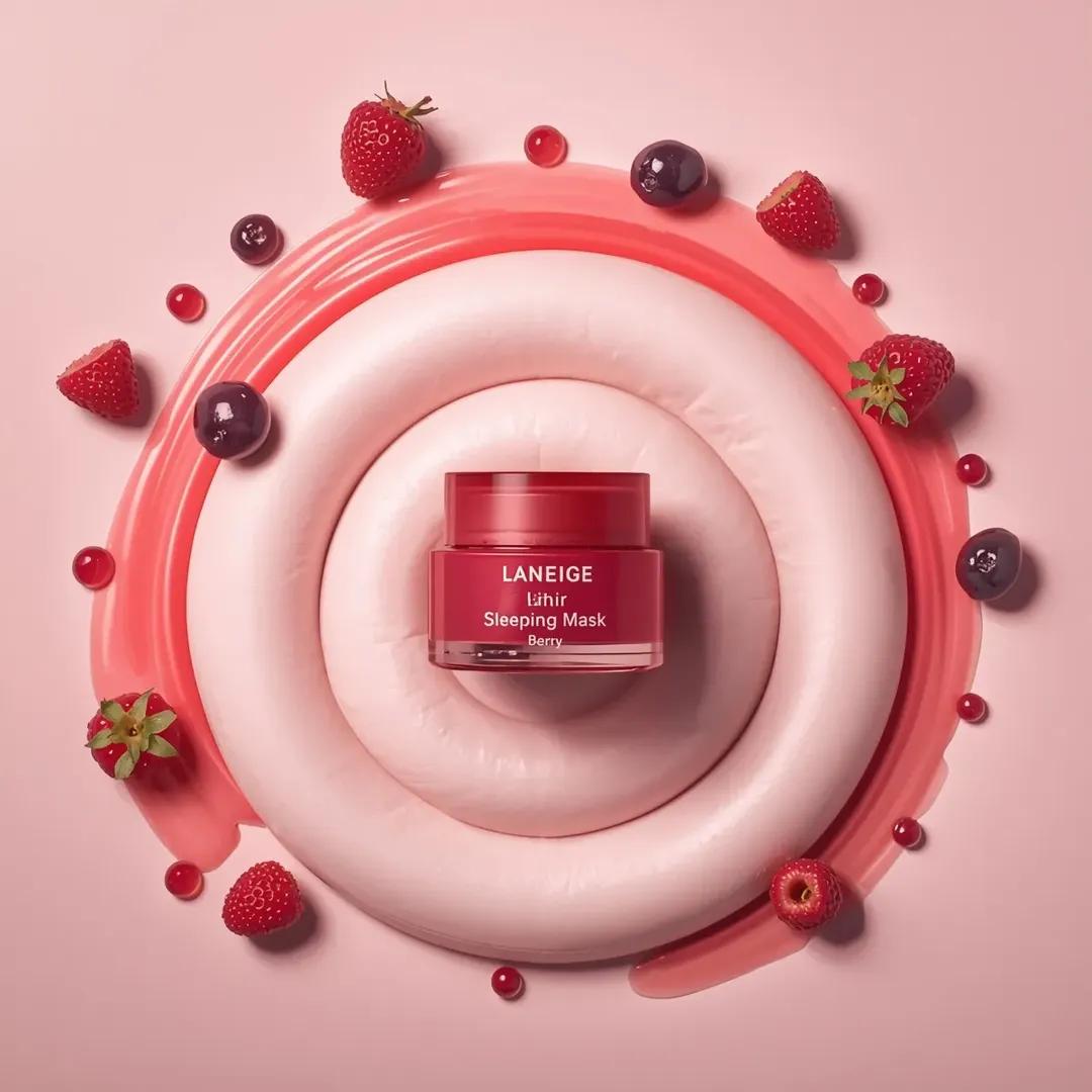 一个粉色化妆品罐居于画面中央,标签为“LANEIGE Lip Sleeping Mask [Berry] 3 g”,放置在一大团旋涡状白色奶油之上。该罐子采用哑光半透明的粉色容器…