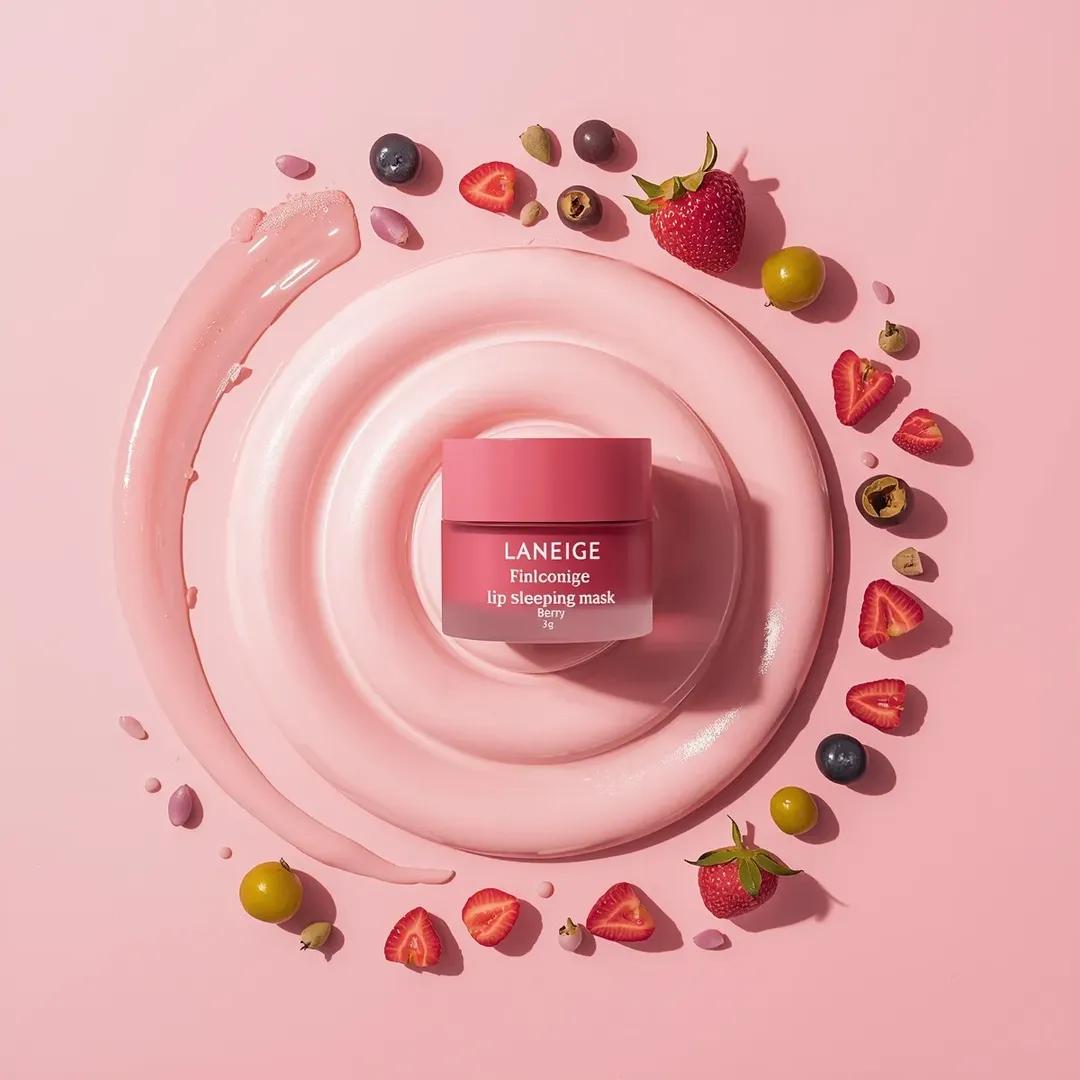 一个粉色化妆品罐居于画面中央,标签为“LANEIGE Lip Sleeping Mask [Berry] 3 g”,放置在一大团旋涡状白色奶油之上。该罐子采用哑光半透明的粉色容器…