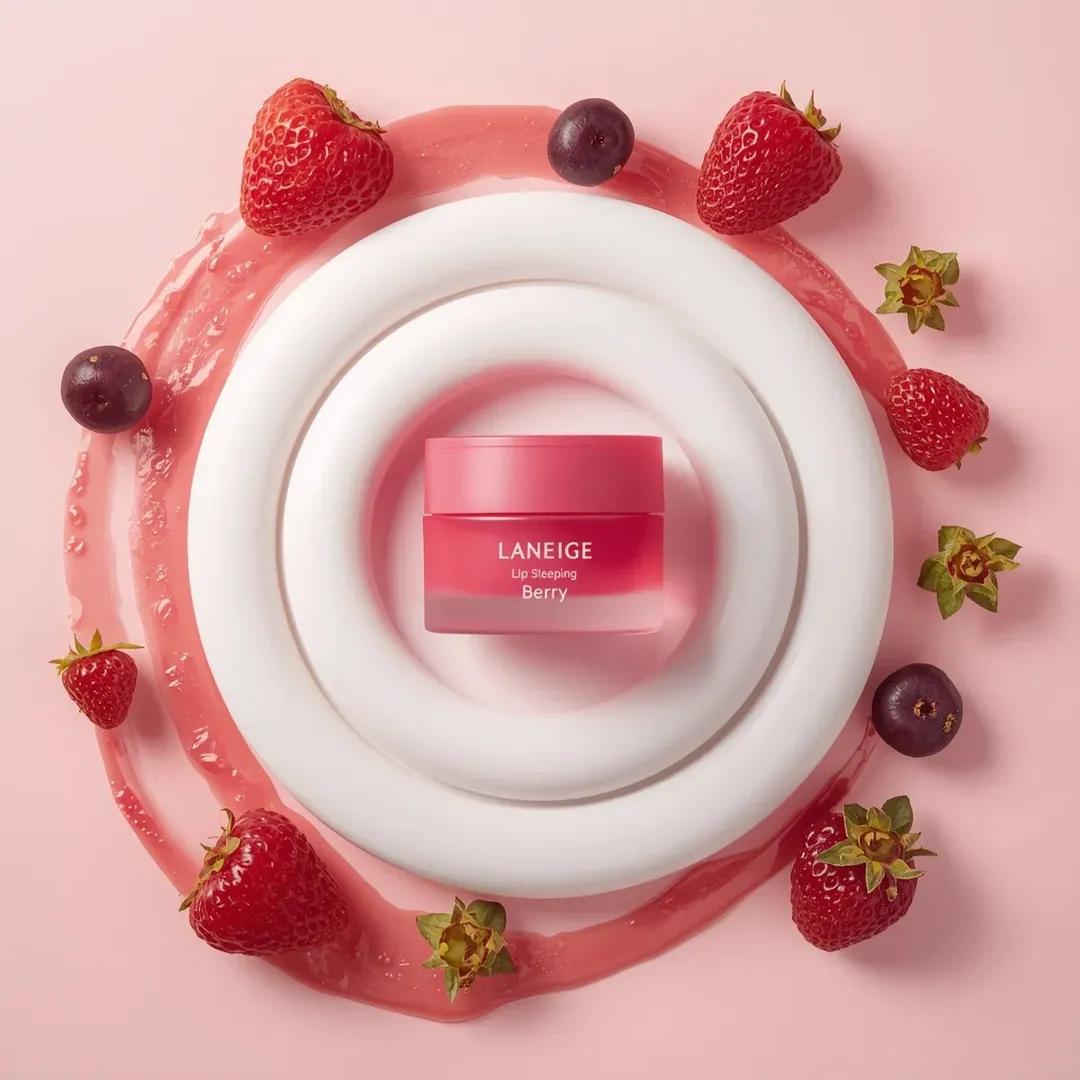 一个粉色化妆品罐居于画面中央,标签为“LANEIGE Lip Sleeping Mask [Berry] 3 g”,放置在一大团旋涡状白色奶油之上。该罐子采用哑光半透明的粉色容器…