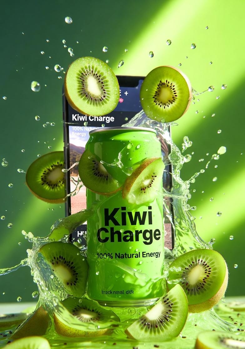 高端产品广告拍摄:标注有“Kiwi Charge”字样的鲜绿色能量饮料罐,周围环绕着新鲜切片奇异果,伴有向外迸发的动态果汁飞溅和漂浮的水滴,光泽铝罐覆盖着冷凝水,戏剧性绿色影棚布…