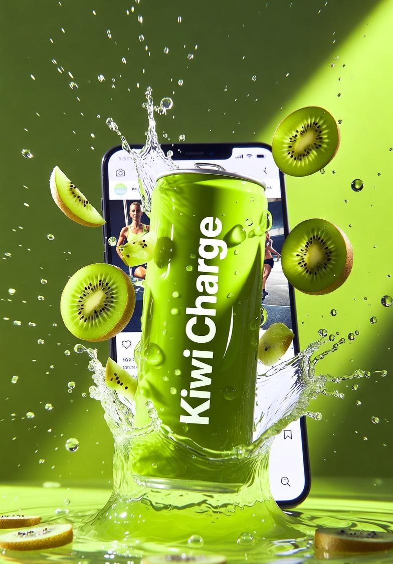 高端产品广告拍摄:标注有“Kiwi Charge”字样的鲜绿色能量饮料罐,周围环绕着新鲜切片奇异果,伴有向外迸发的动态果汁飞溅和漂浮的水滴,光泽铝罐覆盖着冷凝水,戏剧性绿色影棚布…