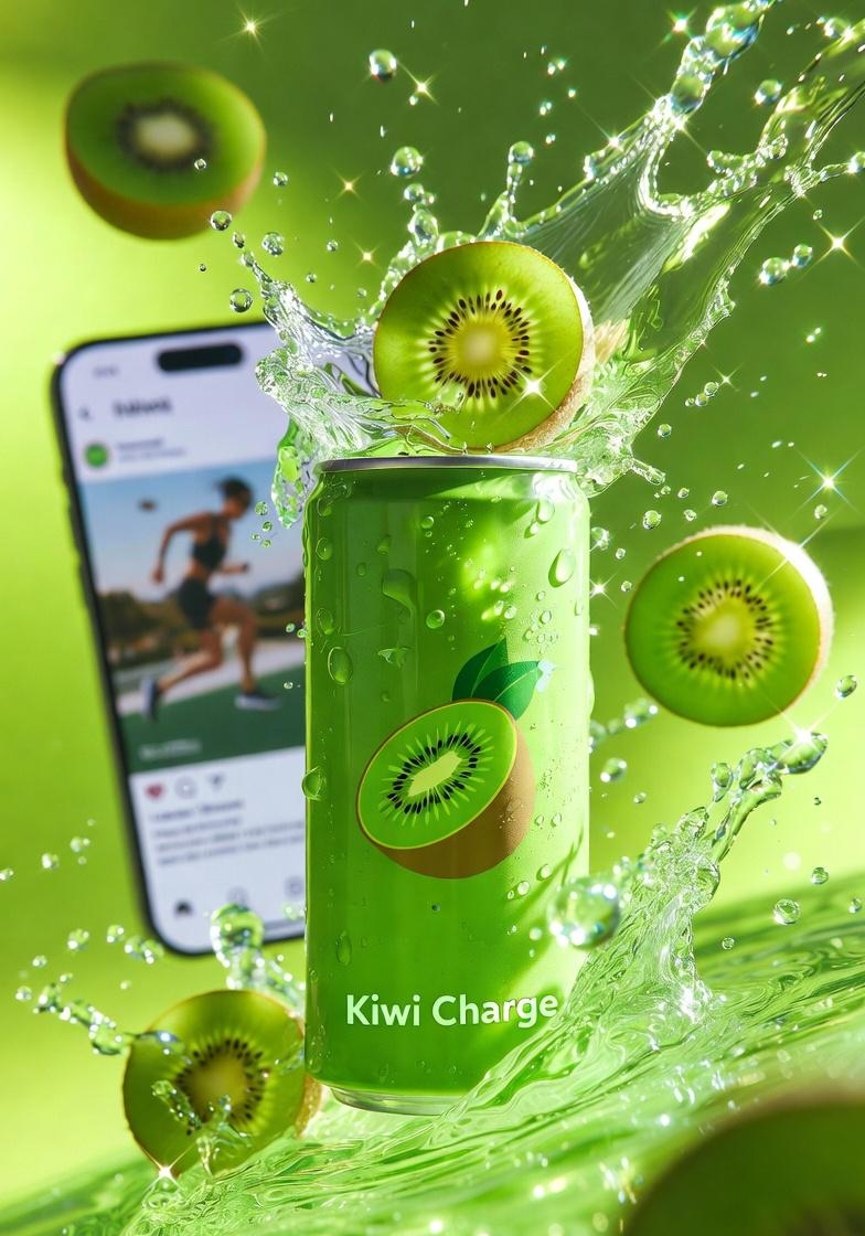 高端产品广告拍摄:标注有“Kiwi Charge”字样的鲜绿色能量饮料罐,周围环绕着新鲜切片奇异果,伴有向外迸发的动态果汁飞溅和漂浮的水滴,光泽铝罐覆盖着冷凝水,戏剧性绿色影棚布…