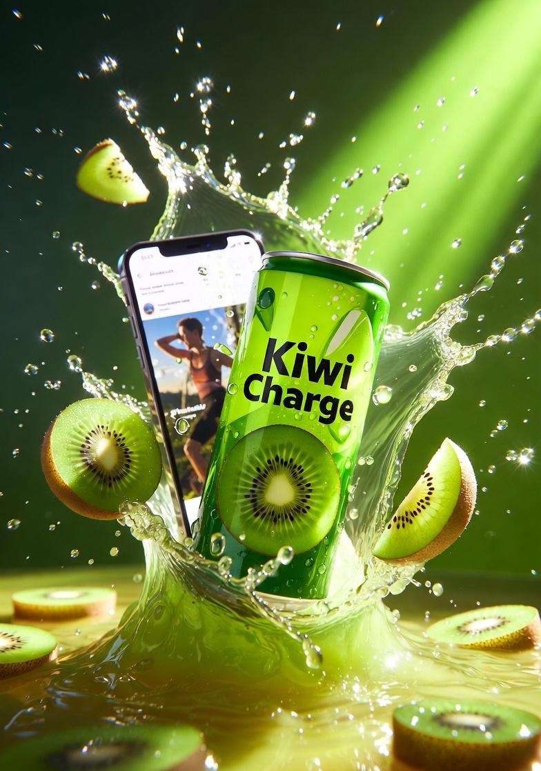 高端产品广告拍摄:标注有“Kiwi Charge”字样的鲜绿色能量饮料罐,周围环绕着新鲜切片奇异果,伴有向外迸发的动态果汁飞溅和漂浮的水滴,光泽铝罐覆盖着冷凝水,戏剧性绿色影棚布…