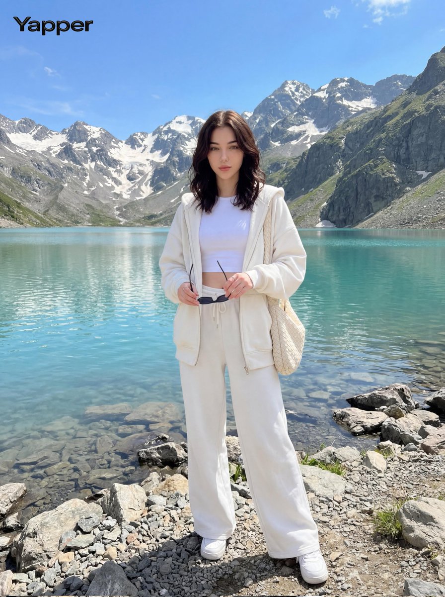 { "image_generation": { "subject": { "description": "时尚的年轻女子站在岩石湖岸上，身后是壮丽的高山山脉", "pose"…