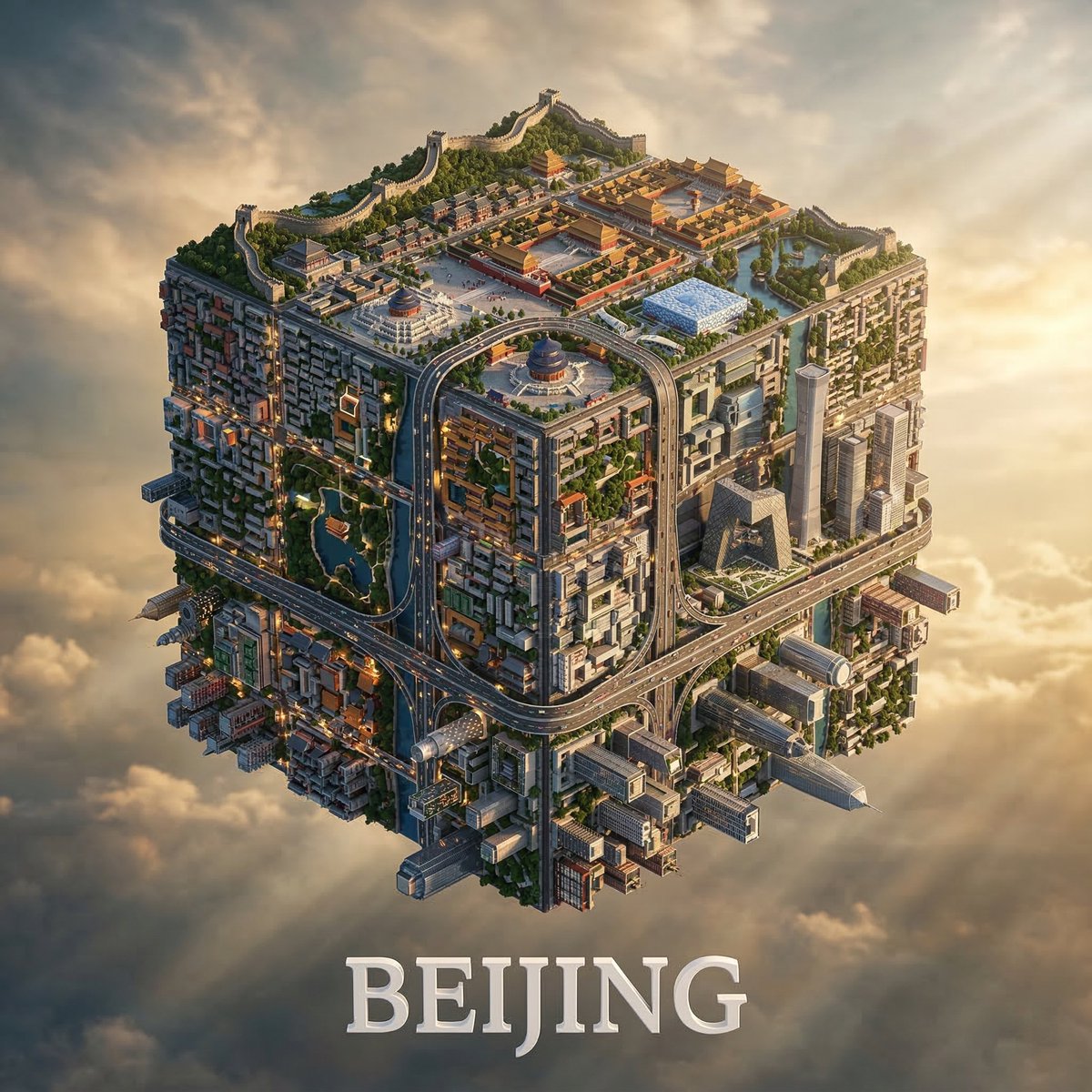 创建一个超精细的方形 3D 插图，描绘城市 [Beijing]（北京）环绕着一个悬浮在天空中的立方体的所有面。整个立方体被城市环境覆盖：现代摩天大楼、标志性建筑、街道、桥梁、公园…
