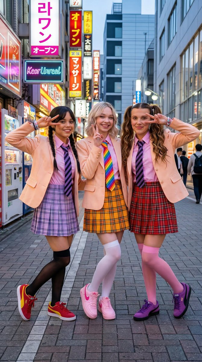 { "scene_description": "三位穿着统一制服的年轻女学生在傍晚繁忙的东京街头俏皮摆姿势的近景。", "subjects": [ { "description"…