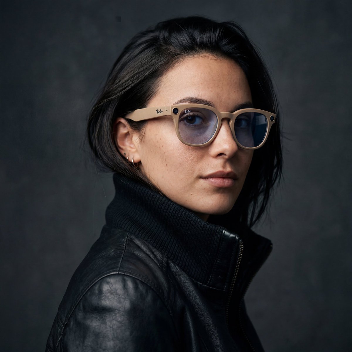 电影感工作室人像：一位自信的年轻女性佩戴时尚米黄色镜框智能眼镜，镜片带有淡淡的蓝色调，外框角处可见集成摄像头镜，镜腿上有雷朋（Rayban）标志，身穿黑色高领皮夹克。她身体微侧…