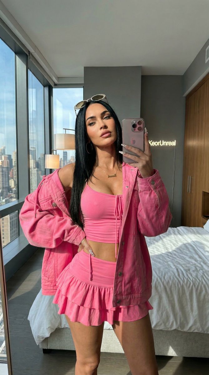 "超逼真的业余镜面自拍，照片中的 megan fox 使用 iPhone 15 Pro Max 拍摄，位置紧邻落地窗，原片风格，8K 画质，对焦锐利，具有真实的狗仔队氛围和可见的…