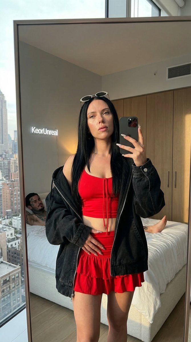 "超逼真的业余镜面自拍，照片中的 megan fox 使用 iPhone 15 Pro Max 拍摄，位置紧邻落地窗，原片风格，8K 画质，对焦锐利，具有真实的狗仔队氛围和可见的…