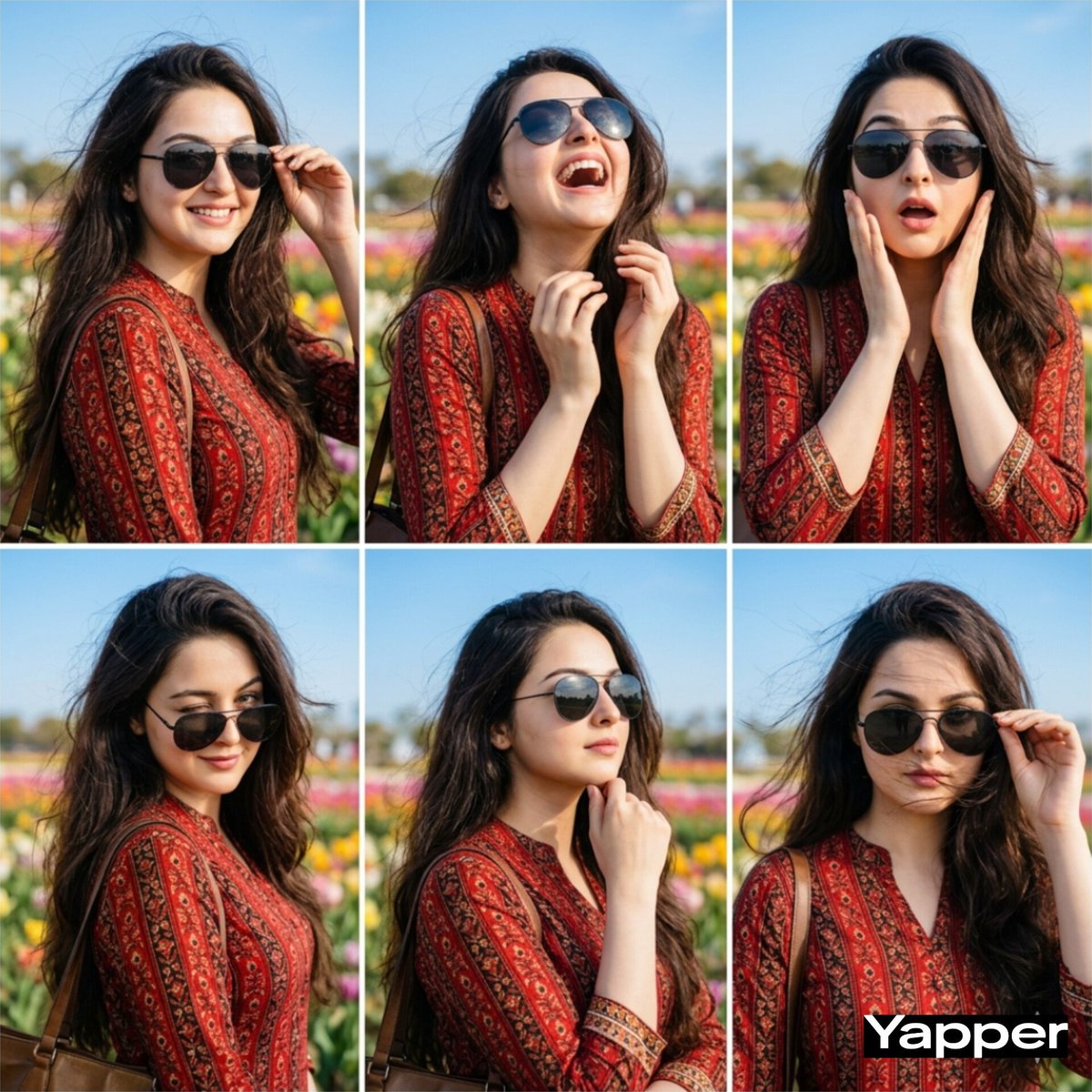 用不同表情看看我 在 @yapper_so 上使用 Nano Banana 提示词 👇 由六张同一女性的方形肖像组成的时尚拼贴（使用上传的照片作为面部参考），以整洁的 2x3 网…