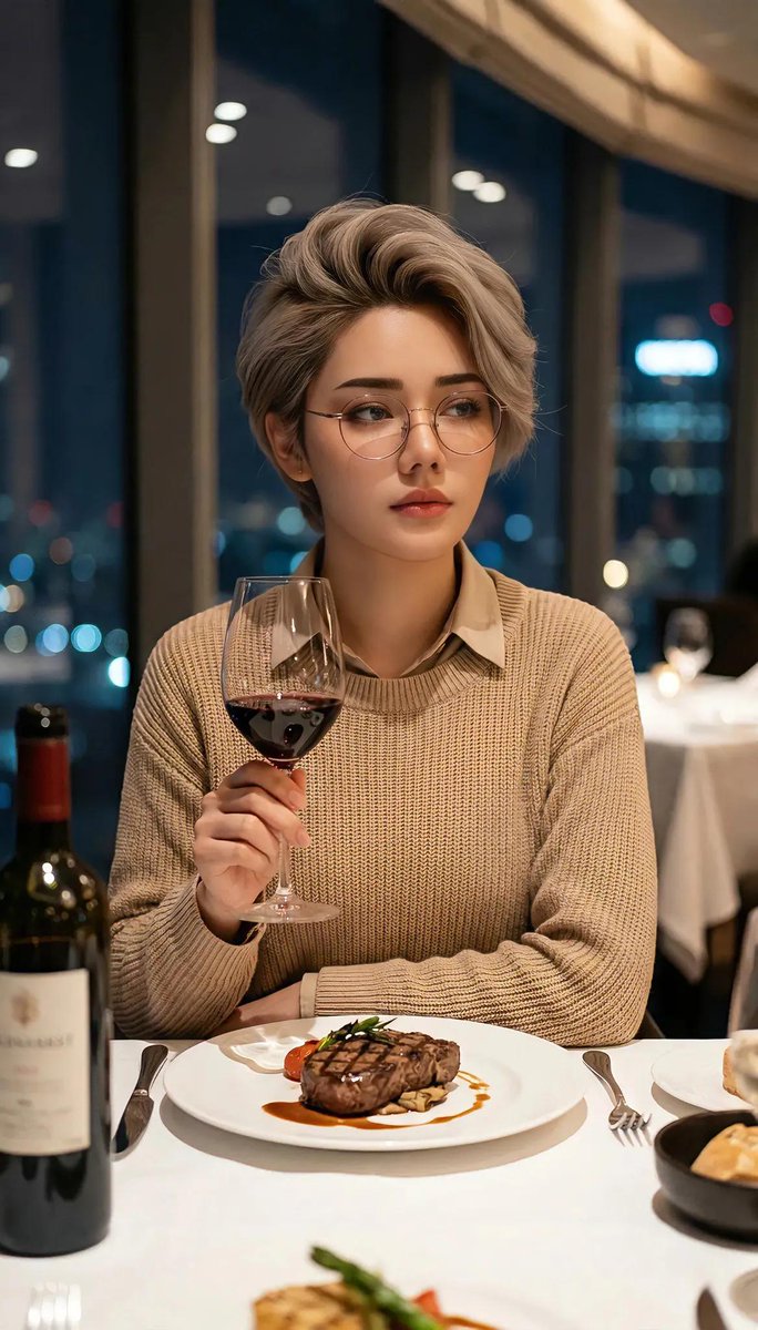 夜晚高档餐厅中一位年轻女性的优雅电影感人像,她留着时尚短发,戴着圆框眼镜,手中握着一杯红酒,身穿米色针织毛衣内搭领口衬衫,柔和温暖的环境光,背景透过大窗户可见带有散景光斑的城市天…