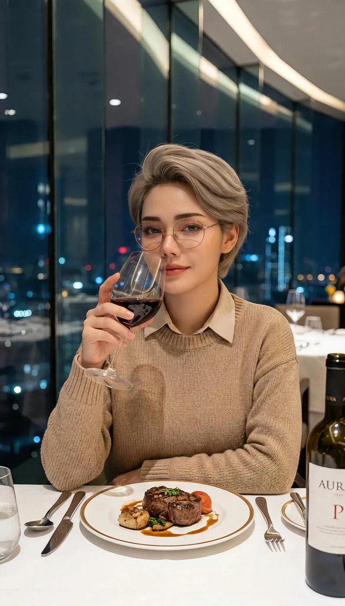 夜晚高档餐厅中一位年轻女性的优雅电影感人像,她留着时尚短发,戴着圆框眼镜,手中握着一杯红酒,身穿米色针织毛衣内搭领口衬衫,柔和温暖的环境光,背景透过大窗户可见带有散景光斑的城市天…