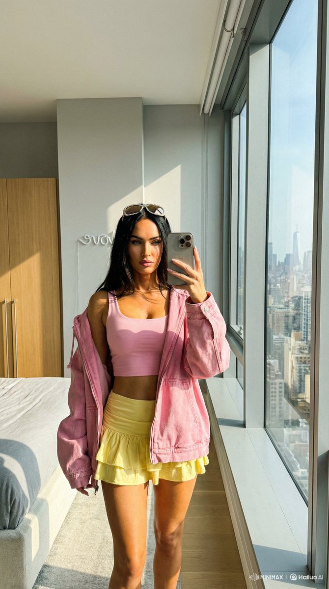 你喜欢哪种自拍 🤳 姿势？ Megan fox vs Sydney sweeney Nano Banana pro via @Hailuo_AI "在落地窗旁边用 iPhone…