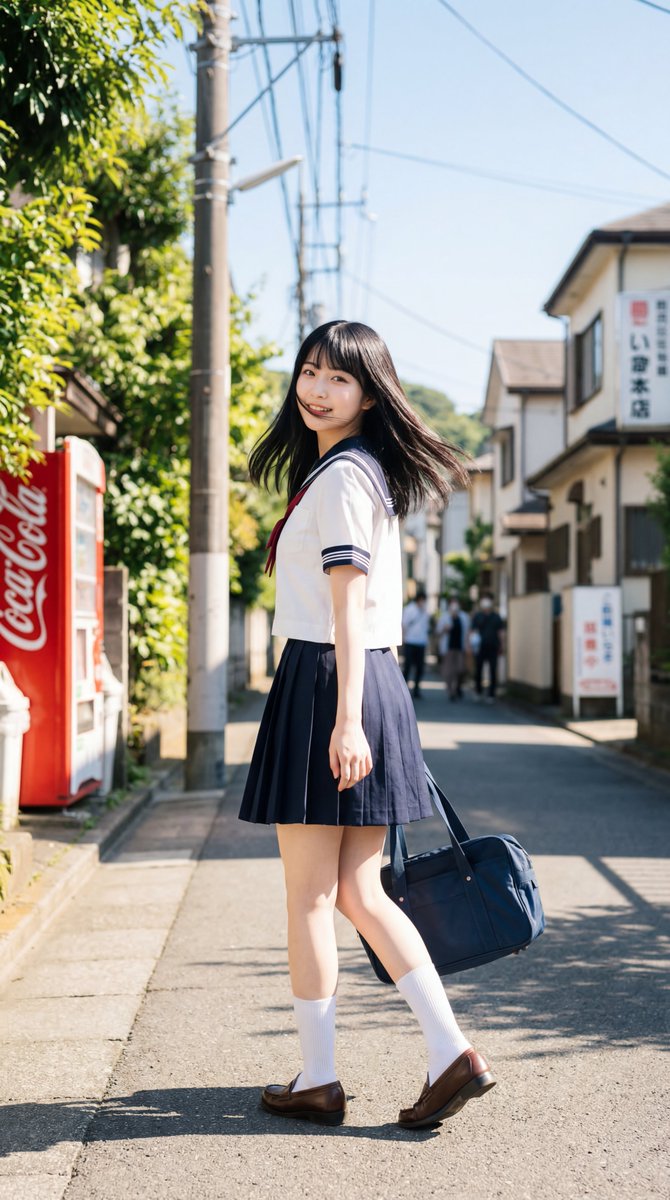 【角色】：19岁中国顶级JK少女，甜美外表中透着清纯又撩人的魅力，深棕色大眼睛，白皙通透的肌肤，深黑色顺滑姬发式长发在风中飘动。【服装】：经典日本藏青色百褶水手服裙，白色短袖水手…