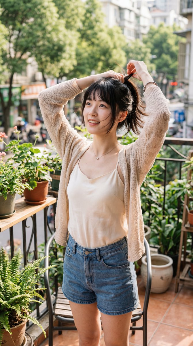 【Character】: 19岁的中国JK少女,空灵甜美的面容,公主切发丝飘动,白皙肌肤呈现半透明质感。 【Clothing】: 宽松编织的浅米色针织开衫,内搭极简真丝吊带内衬…