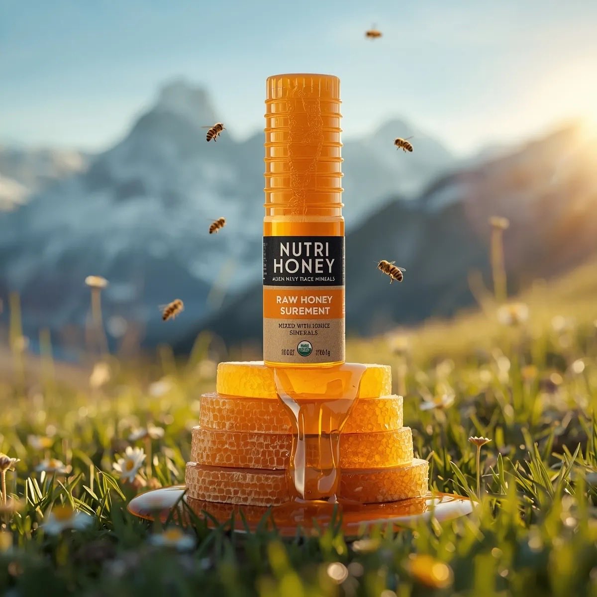 超现实主义的产品摄影:一个金色的蜂蜜瓶,标签上写着“Nutri Honey”,放置在堆叠的蜂巢片上,位于郁郁葱葱的绿色草地上,周围环绕着新鲜的野花和青草,蜜蜂在瓶子周围飞舞,蜂蜜…