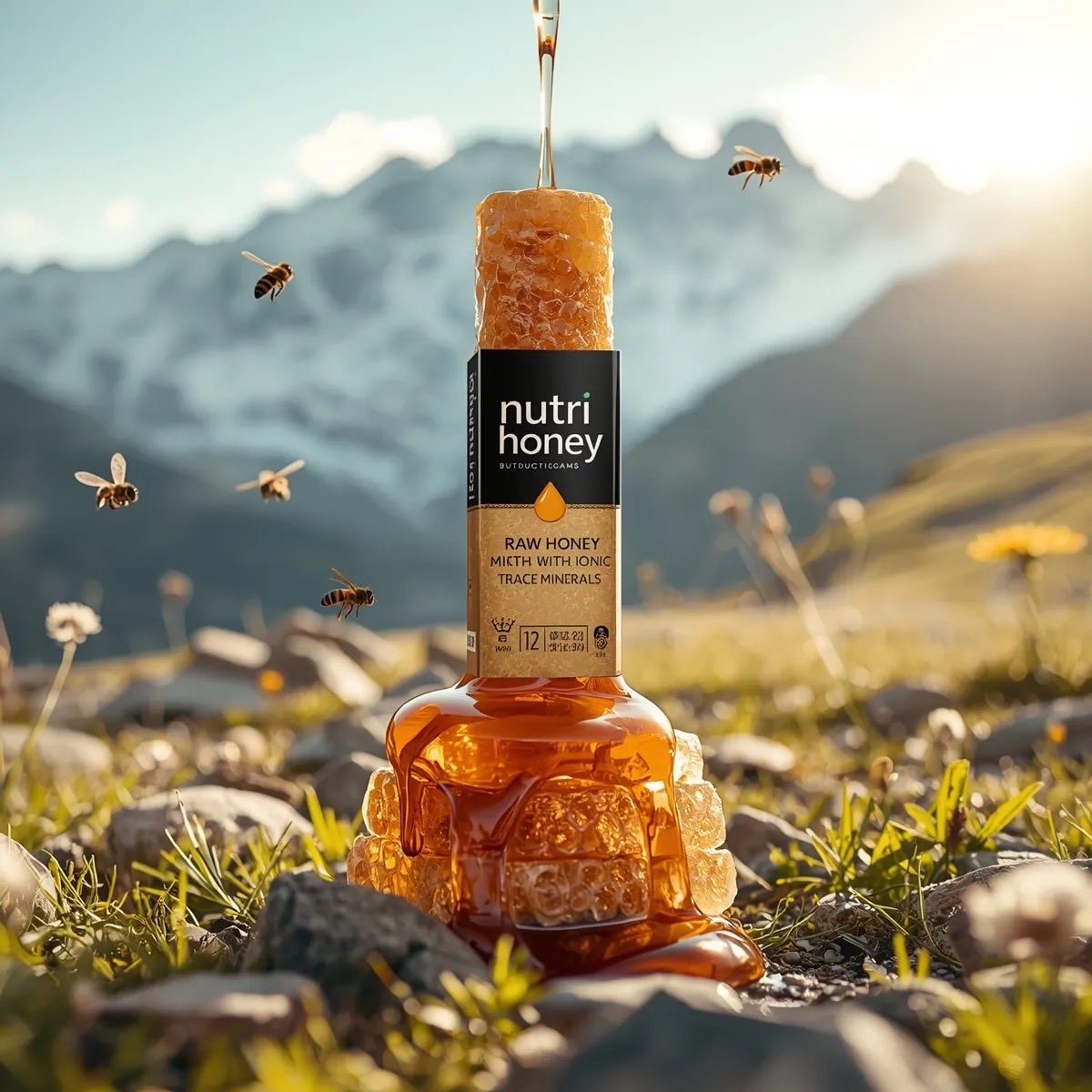 超现实主义的产品摄影:一个金色的蜂蜜瓶,标签上写着“Nutri Honey”,放置在堆叠的蜂巢片上,位于郁郁葱葱的绿色草地上,周围环绕着新鲜的野花和青草,蜜蜂在瓶子周围飞舞,蜂蜜…