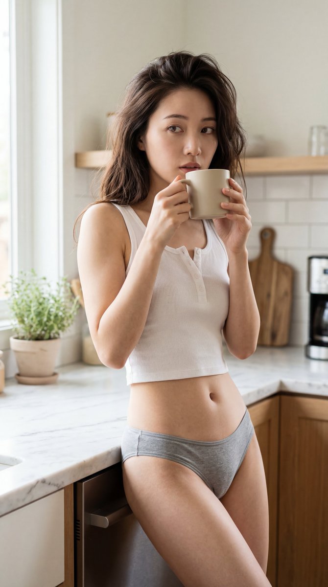 【人物】：一位23岁的东方女性，容貌美丽，神情沉静而略带恍惚，以亲密的表情望向镜头，深棕色蓬松卷发随意垂落，白皙肌肤。 【服装】：白色罗纹短款背心（面料紧贴上身，勾勒出隐约的轮廓…