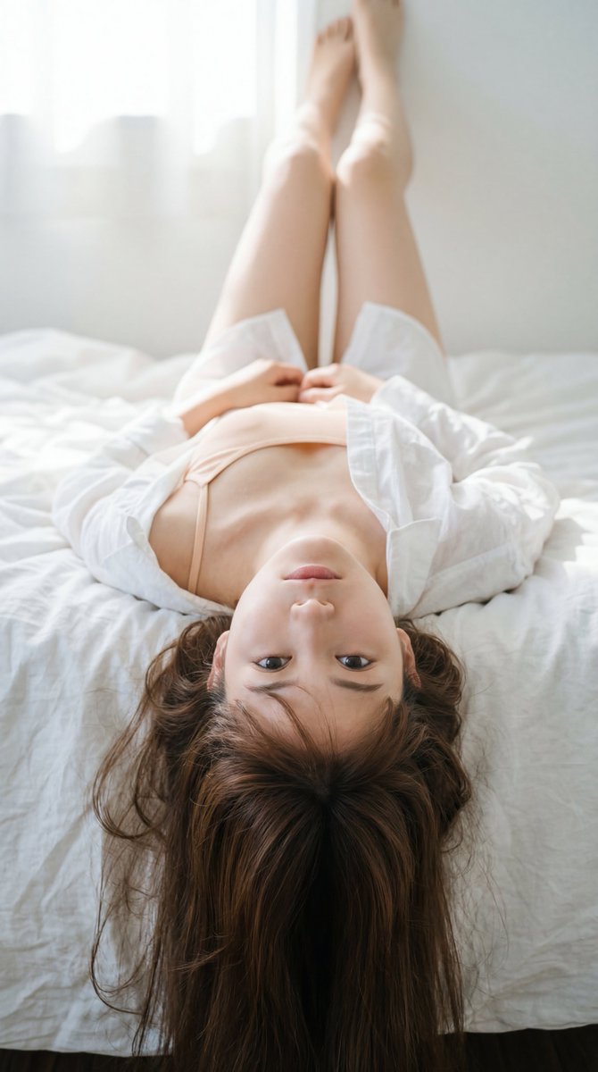 【角色】:日本女孩，20岁，面容空灵甜美，皮肤白皙透亮。她深棕色的眼睛带着梦幻恍惚的神情，在倒置的状态下直视镜头。丝滑的长发如水般垂落而下。 【服装】:未扣纽扣的薄款白色棉质衬衫…