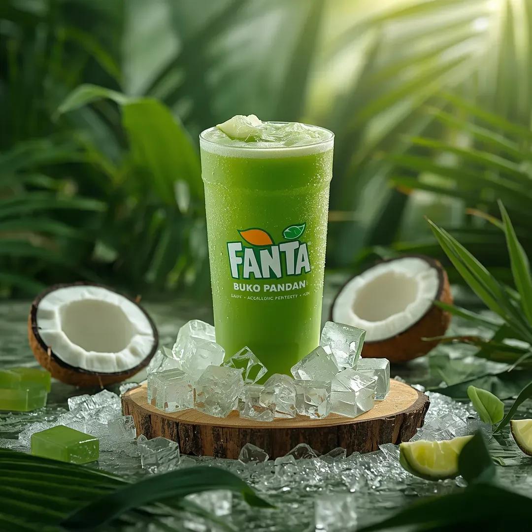在热带海滩上一张风化的木质桌面上,直立放置一罐冰镇的 FANTA – Buko Pandan 柠檬风味的罐装饮品,呈现出超写实的静物生活方式产品摄影效果。罐身在温暖的金色时刻阳光…