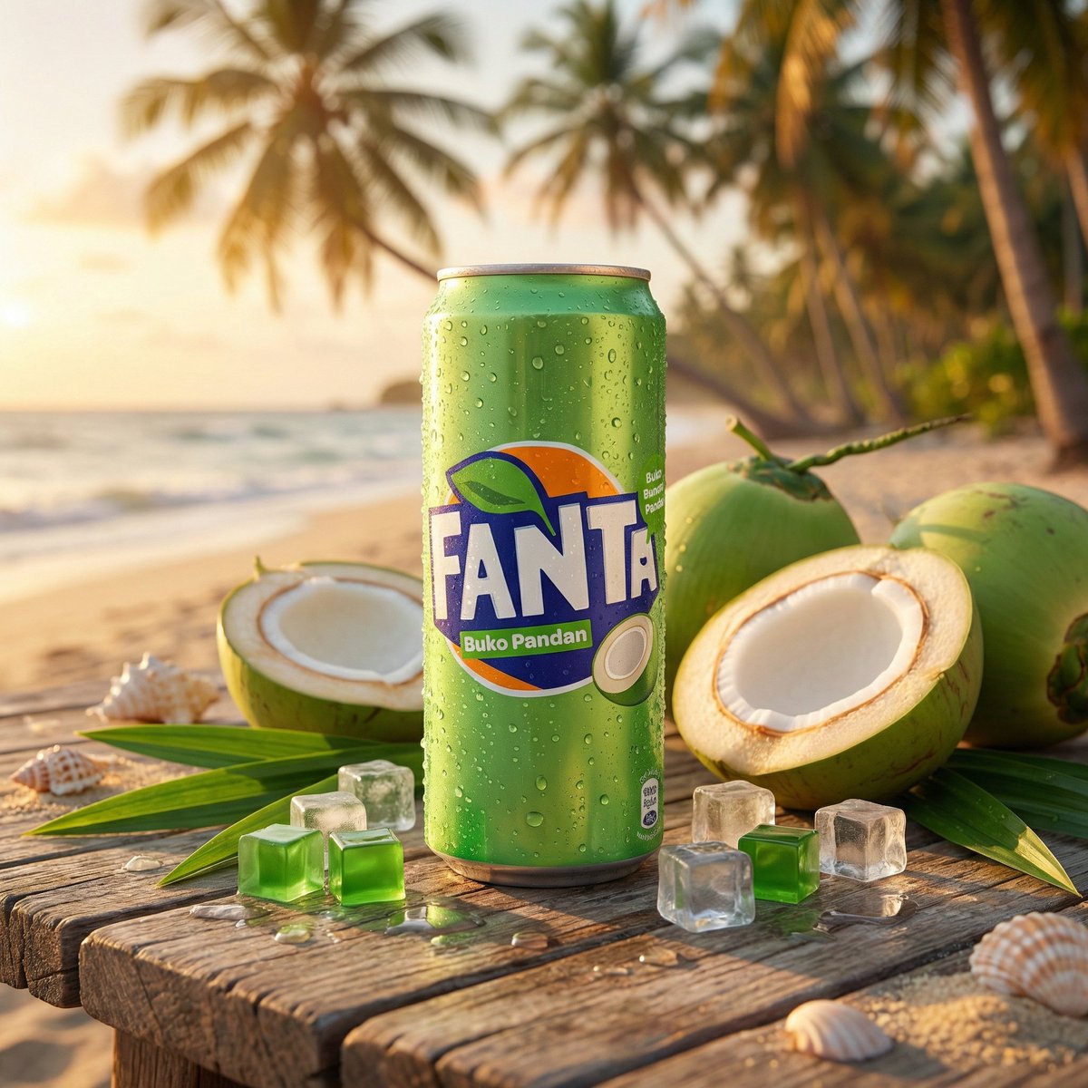 在热带海滩上一张风化的木质桌面上,直立放置一罐冰镇的 FANTA – Buko Pandan 柠檬风味的罐装饮品,呈现出超写实的静物生活方式产品摄影效果。罐身在温暖的金色时刻阳光…