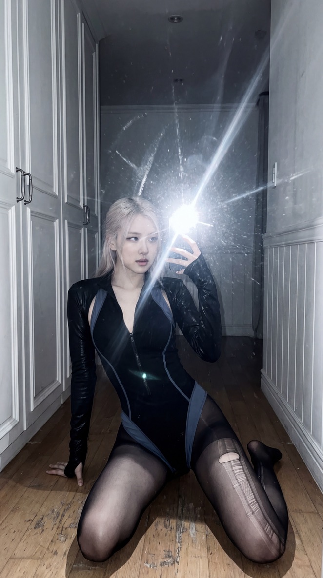 黑暗中的闪光 Rosé Nano Banana Pro 通过 @Hailuo_AI { "prompt": "Grungy mirror selfie of…