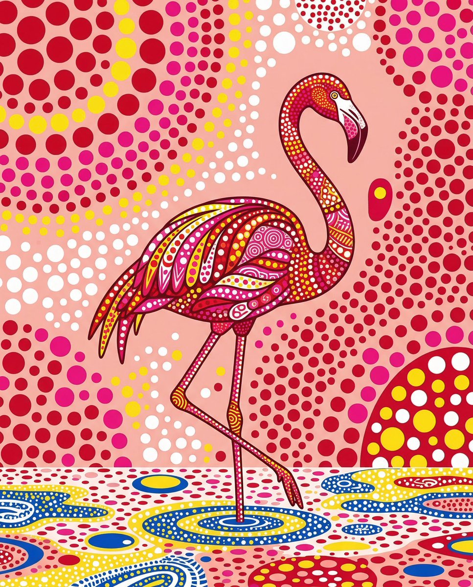 一只优雅的火烈鸟独自伫立在浅水中，以草间弥生（Yayoi Kusama）的独特风格呈现，覆盖着密集的波点和大胆的重复图案，运用红色、粉色、白色和黄色等鲜艳的高对比度色彩，极简抽象…