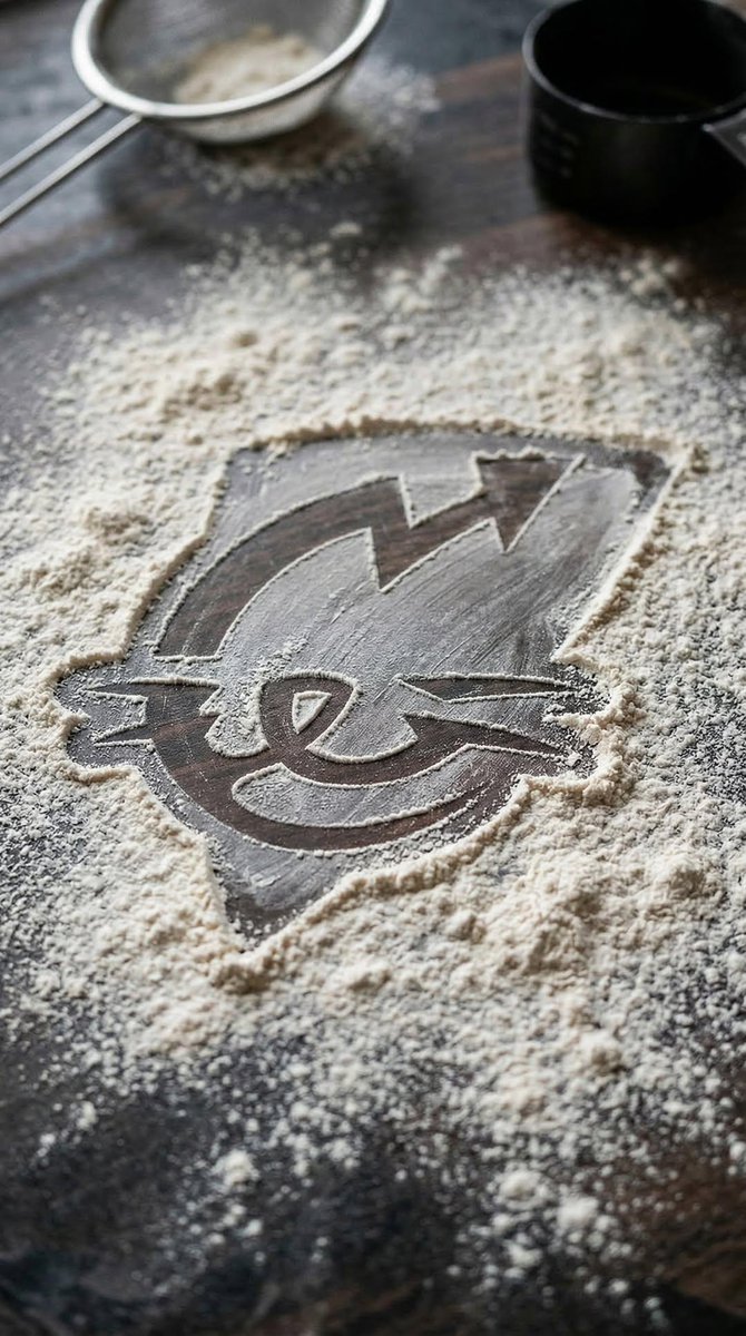 { "title": "Logo Flour Dust Kitchen Surface", "prompt": { "subject": "上传的 logo 被转化为一个真实的厨…