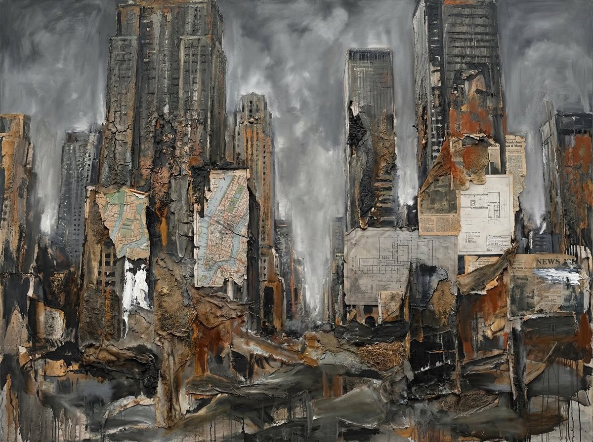 抽象的纽约市摩天大楼,以安塞姆·基弗(Anselm Kiefer)的艺术风格呈现为一座宏伟、风化的城市景观,高耸的粗野主义高层建筑消融于质感厚重的厚涂层之中,焦黑与龟裂的表面,柔…