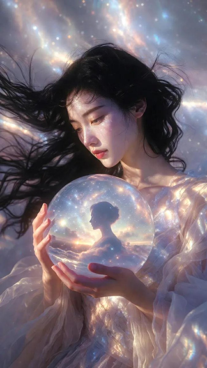 一部电影感的竖版时尚编辑大片人像（9:16），画面中是一位美丽的女性，长长的飘逸黑色长发，柔和波浪状，仿佛悬浮在轻柔的微风中般轻盈飘动。 她身着一袭空灵的高定长裙，色调为柔和的象…