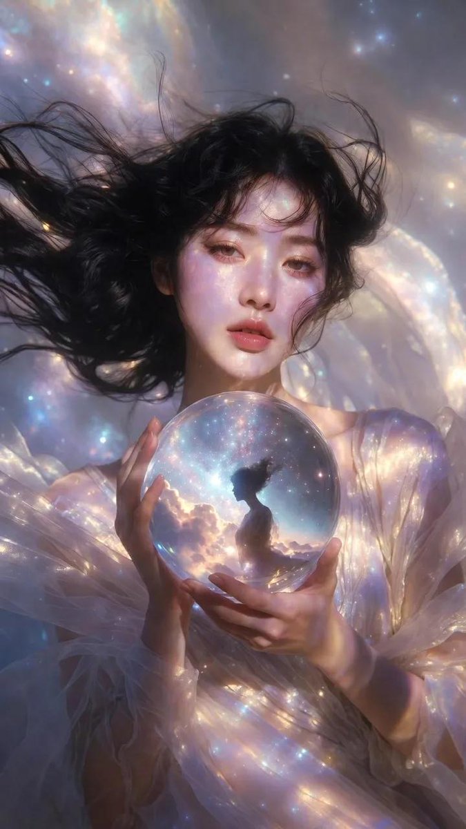 一部电影感的竖版时尚编辑大片人像（9:16），画面中是一位美丽的女性，长长的飘逸黑色长发，柔和波浪状，仿佛悬浮在轻柔的微风中般轻盈飘动。 她身着一袭空灵的高定长裙，色调为柔和的象…