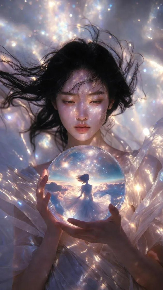 一部电影感的竖版时尚编辑大片人像（9:16），画面中是一位美丽的女性，长长的飘逸黑色长发，柔和波浪状，仿佛悬浮在轻柔的微风中般轻盈飘动。 她身着一袭空灵的高定长裙，色调为柔和的象…