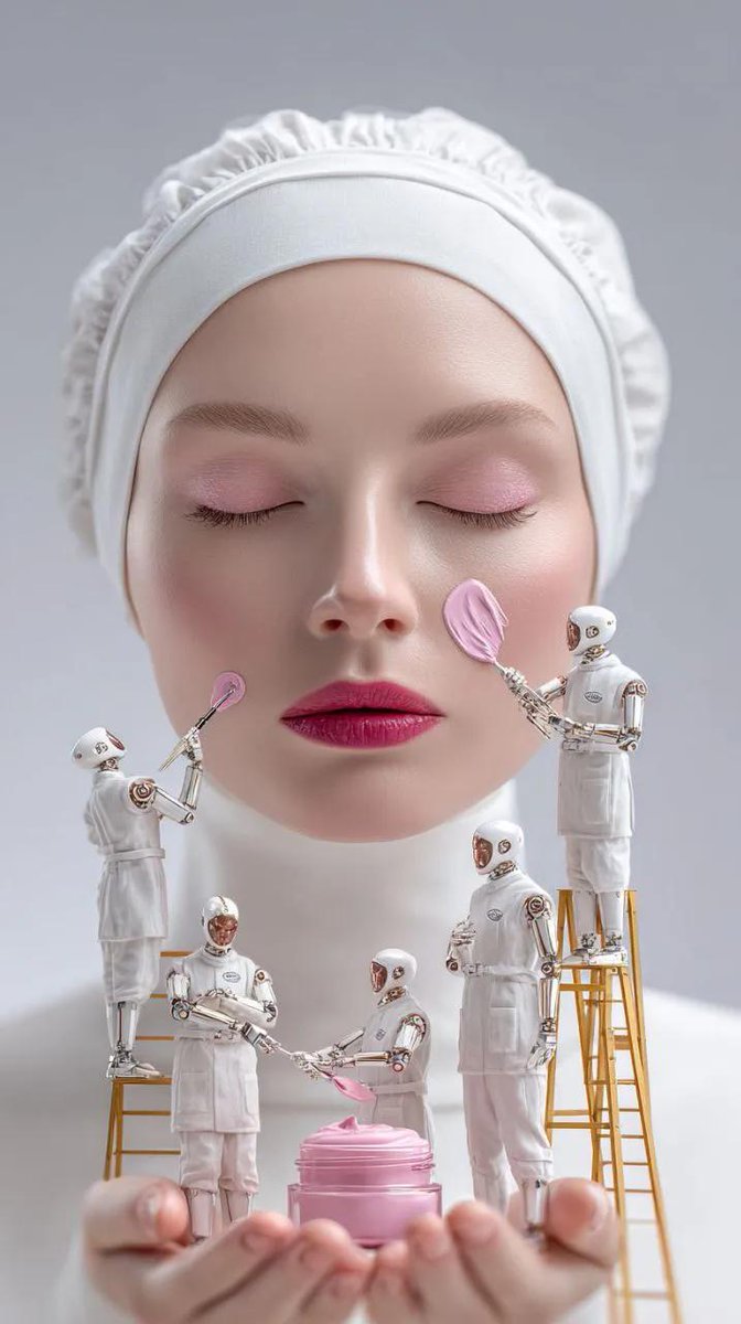 { "极简影棚环境中女性面部的超写实美妆概念图像,双眼紧闭,肌肤光滑无瑕,头戴白色头巾。微小的未来感人形机器人身穿洁净的白色制服,正用刷子和工具仔细地将粉色护肤霜涂抹到她的脸上…