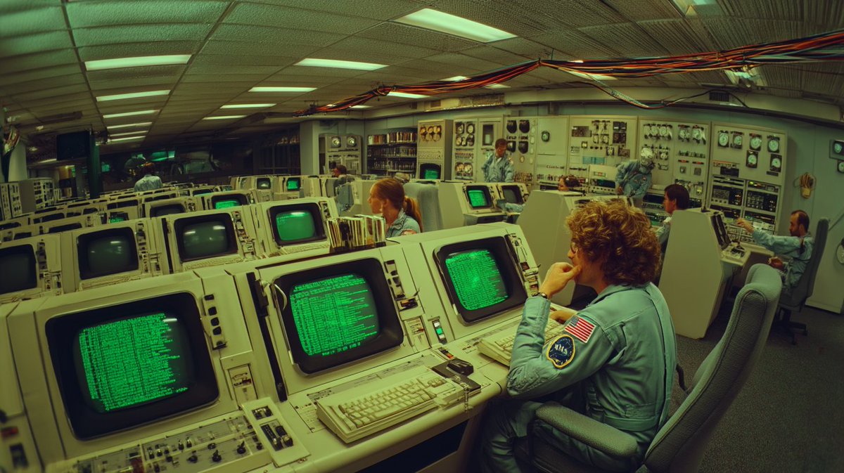 [一座公共图书馆被重新构想为1982年的美国国家航空航天局（NASA）指挥中心，一排排带有绿色荧光文本的CRT（阴极射线管）终端取代了卡片目录，穿连体工装的图…