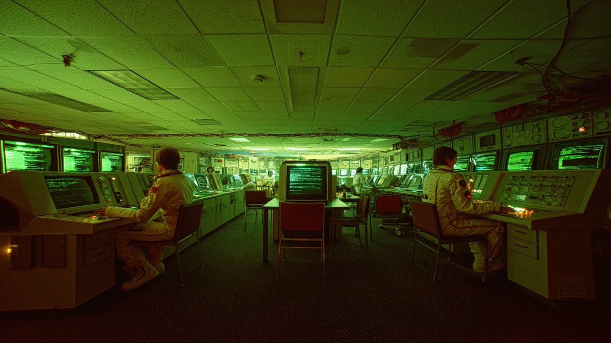 [一座公共图书馆被重新构想为1982年的美国国家航空航天局(NASA)指挥中心,一排排带有绿色荧光文本的CRT(阴极射线管)终端取代了卡片目录,穿连体工装的图书管理员正在监测壁挂…
