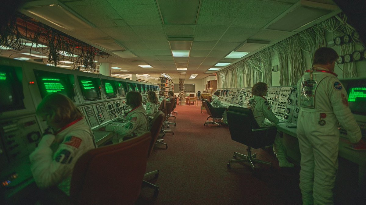 [一座公共图书馆被重新构想为1982年的美国国家航空航天局(NASA)指挥中心,一排排带有绿色荧光文本的CRT(阴极射线管)终端取代了卡片目录,穿连体工装的图书管理员正在监测壁挂…