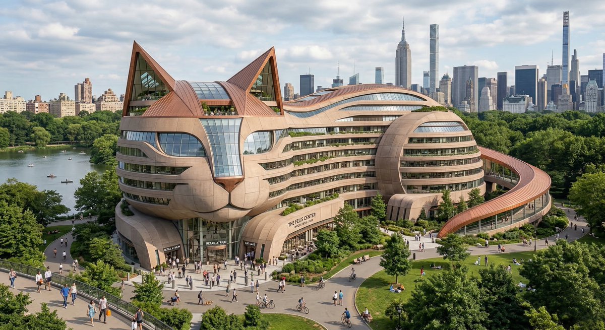 设计一座外形像（一只猫）的标志性建筑的逼真效果图。建筑结构应清晰地呈现出（一只猫）的形态，融入建筑设计之中，同时仍作为一栋真实的商业建筑使用。位于（城市中的一…