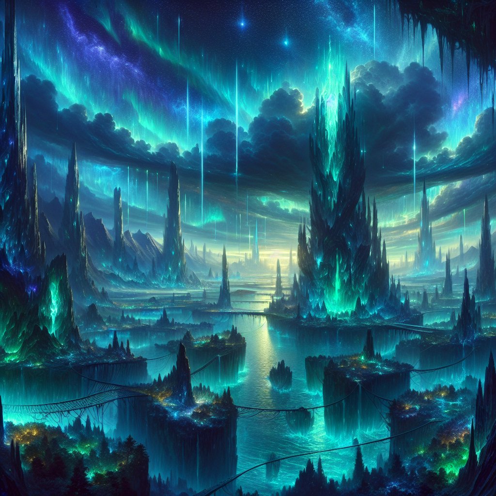 一片广袤空灵的奇幻景观在黄昏时分展开,高耸的水晶尖塔刺破深靛蓝与翡翠绿交织的极光闪耀的旋涡天空,古老的生物发光……更多内容请参阅替代文本 #ai艺术 https://t.co/7…
