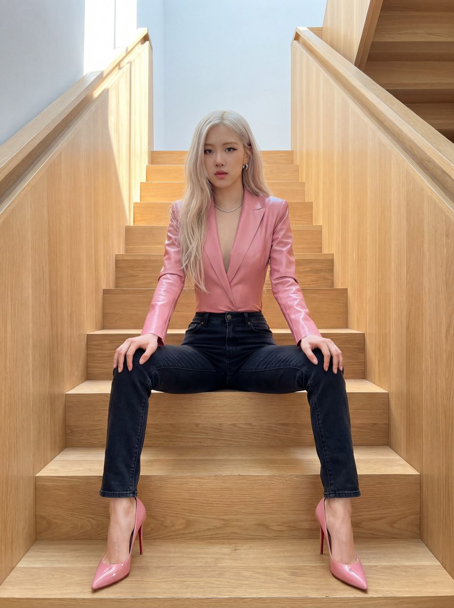 照片级真实感肖像，K-pop偶像Rosé，留着长长的铂金金色头发，坐在现代木质楼梯上。她身穿粉色乳胶深V西装连体衣，脚踩红色鞋底的亮粉色细高跟鞋。对称姿势，双…